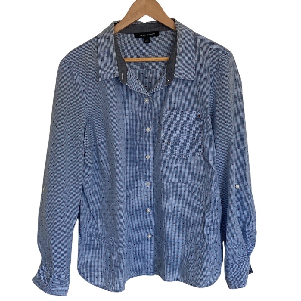 Tommy Hilfiger Womens Red White Blue Button-Up Shirt Size XL Long‎ Sleeve